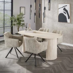 5er Set Essgruppe Arch Organic 180 Travertin + 4 Stühle Raster Boucle-Vintagehaus Clearance