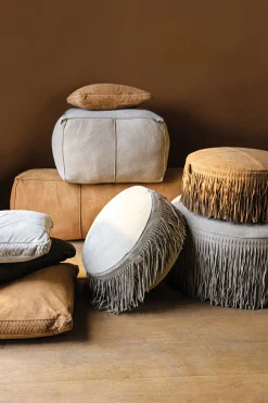 Hocker Leder Carla Pouf Camel Fransen 50 Ø-PTMD Hot