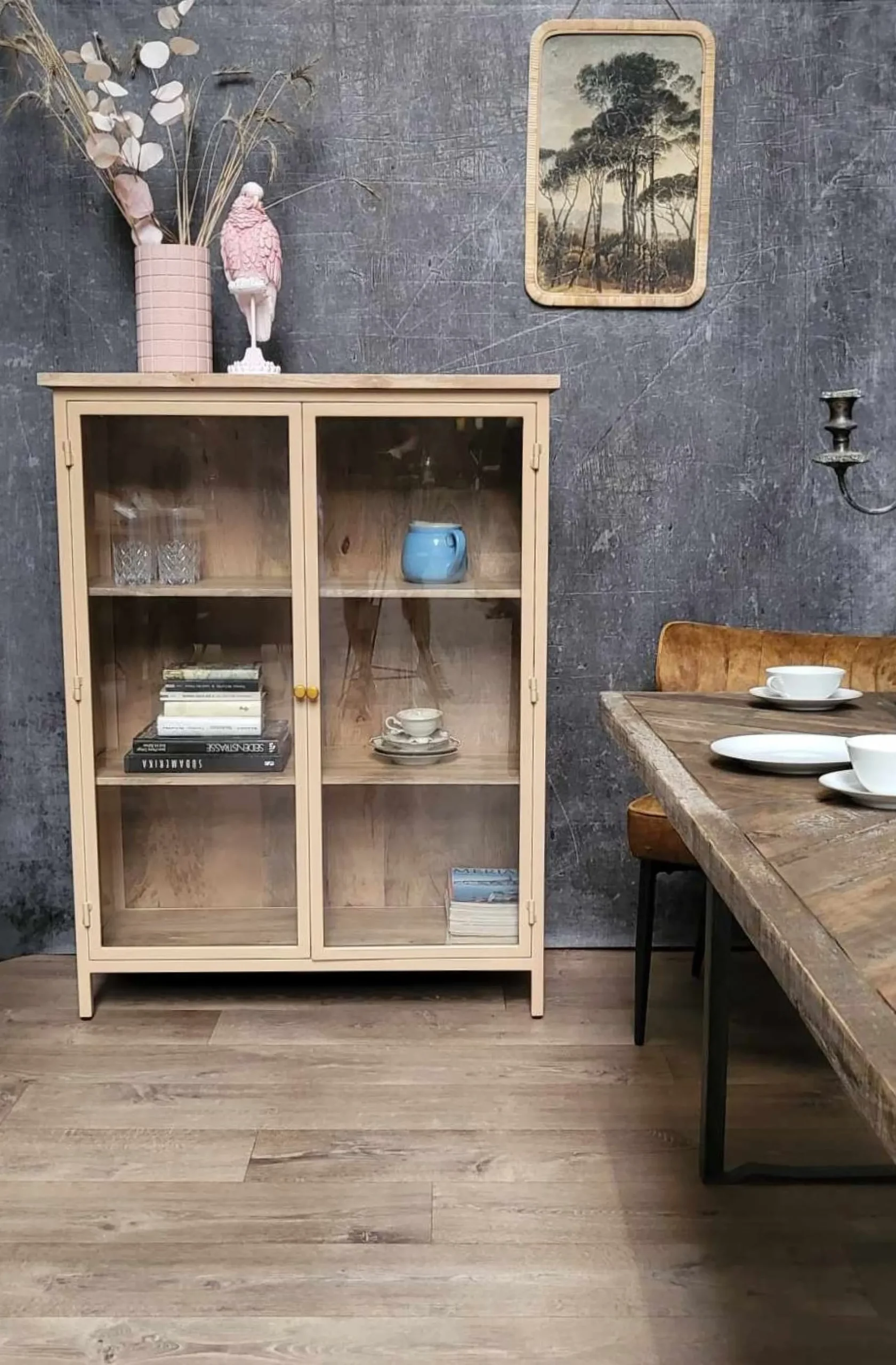 Landhaus Vitrine Provence Vintage Metallkorpus Holz Champagner 130-Vintagehaus Best