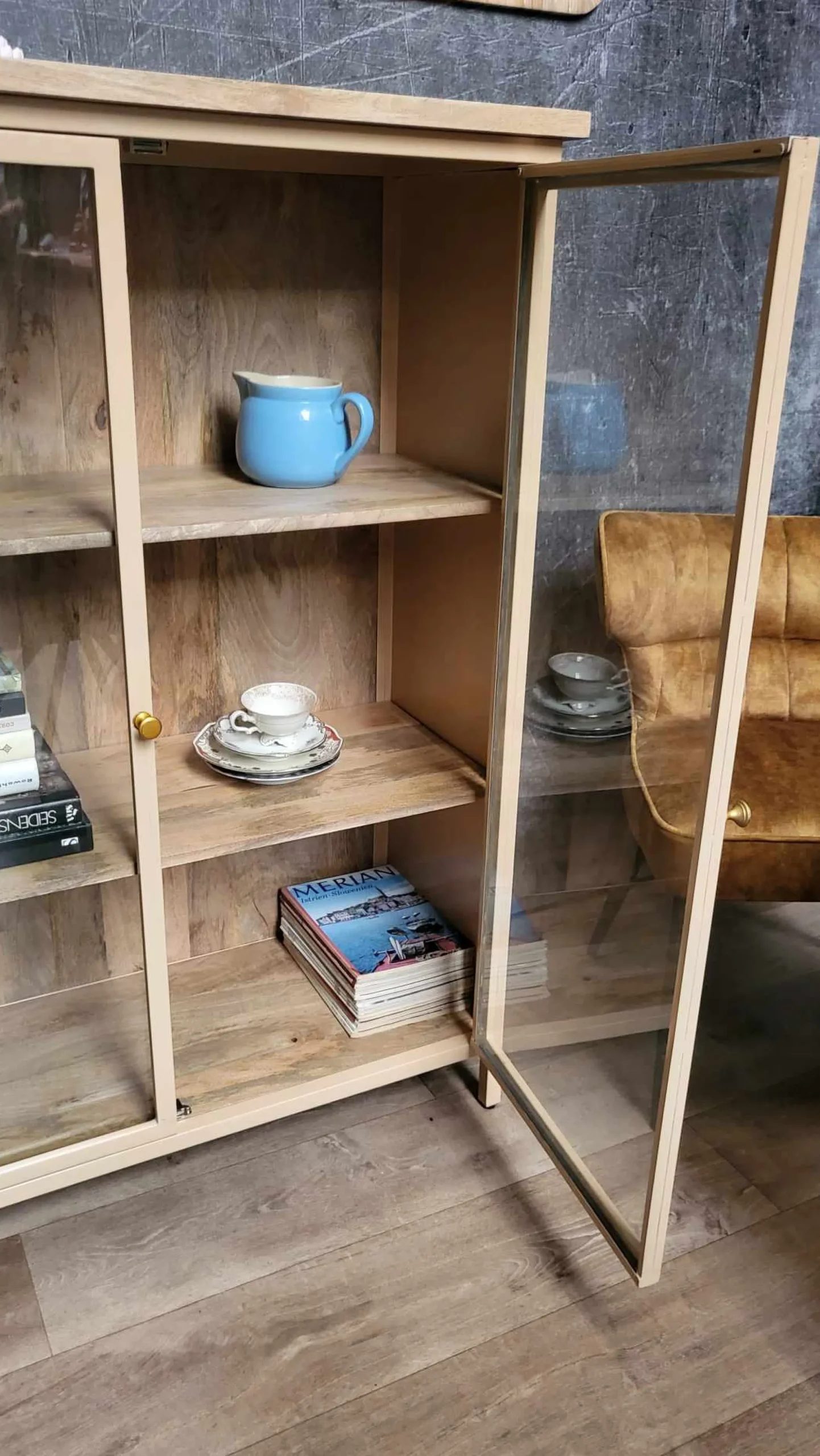 Landhaus Vitrine Provence Vintage Metallkorpus Holz Champagner 130-Vintagehaus Best