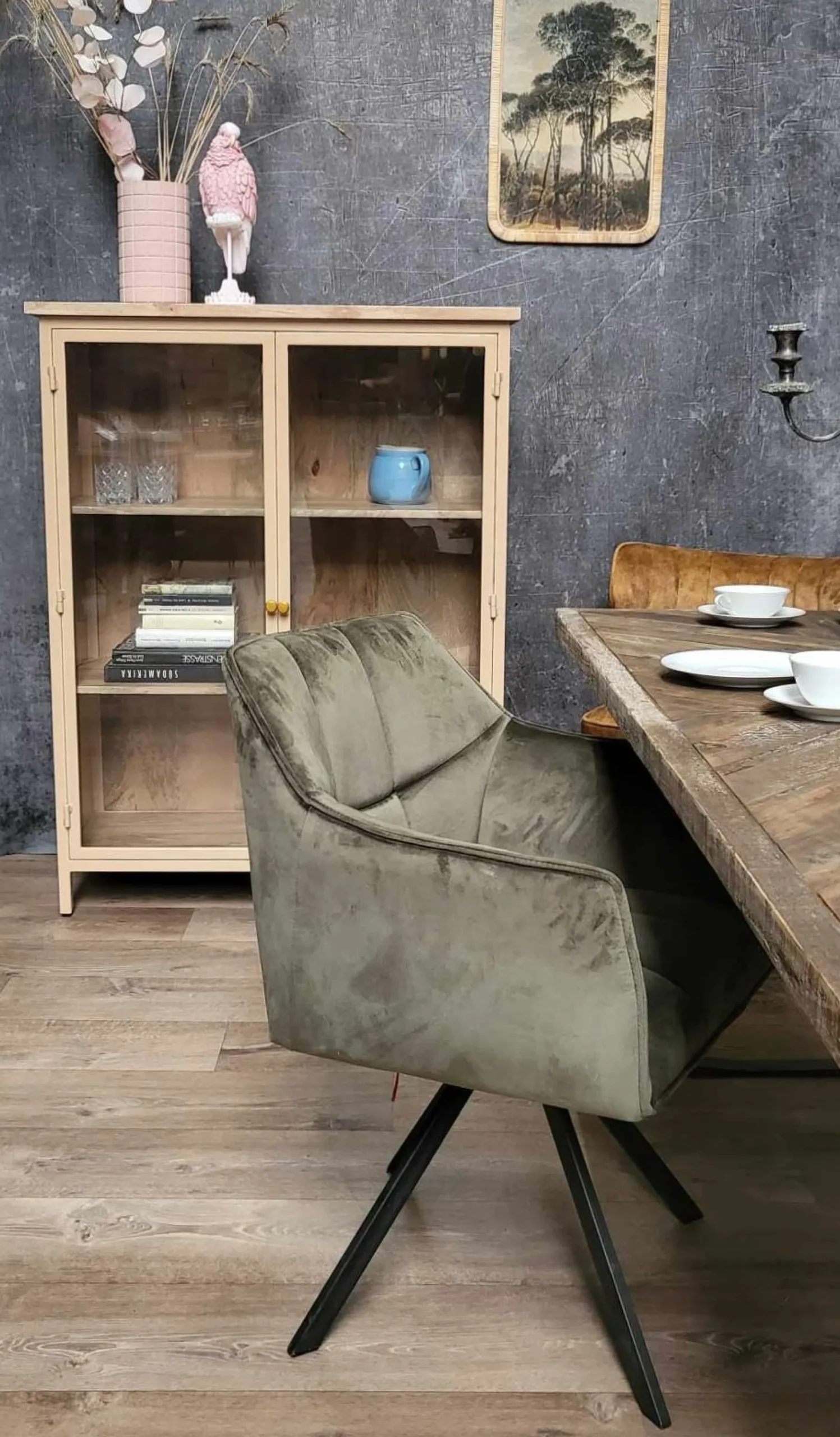 Landhaus Vitrine Provence Vintage Metallkorpus Holz Champagner 130-Vintagehaus Best