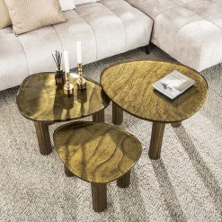 Retro Beistelltische Eclipse Glas Metall Dreibeinig Antik-Gold S-Vintagehaus