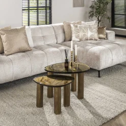 Retro Beistelltische Eclipse Glas Metall Dreibeinig Antik-Gold S-Vintagehaus