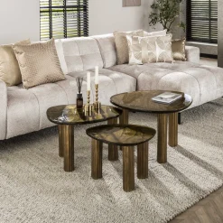 Retro Beistelltische Eclipse Glas Metall Dreibeinig Antik-Gold L-Vintagehaus Clearance