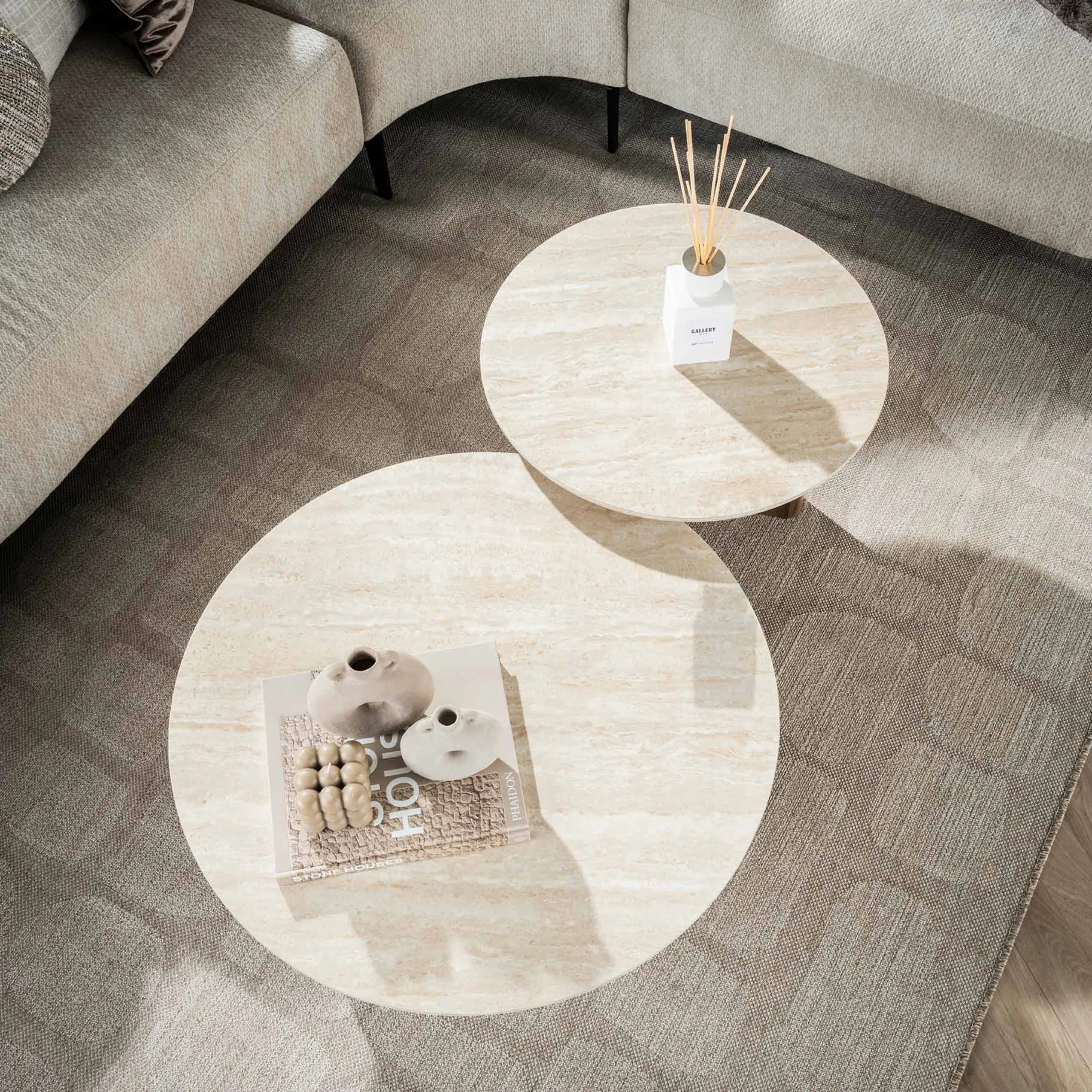 Retro Couchtisch 2er Set Romano Travertin Keramik Rund-Vintagehaus Discount