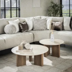 Retro Couchtisch 2er Set Romano Travertin Keramik Rund-Vintagehaus Discount