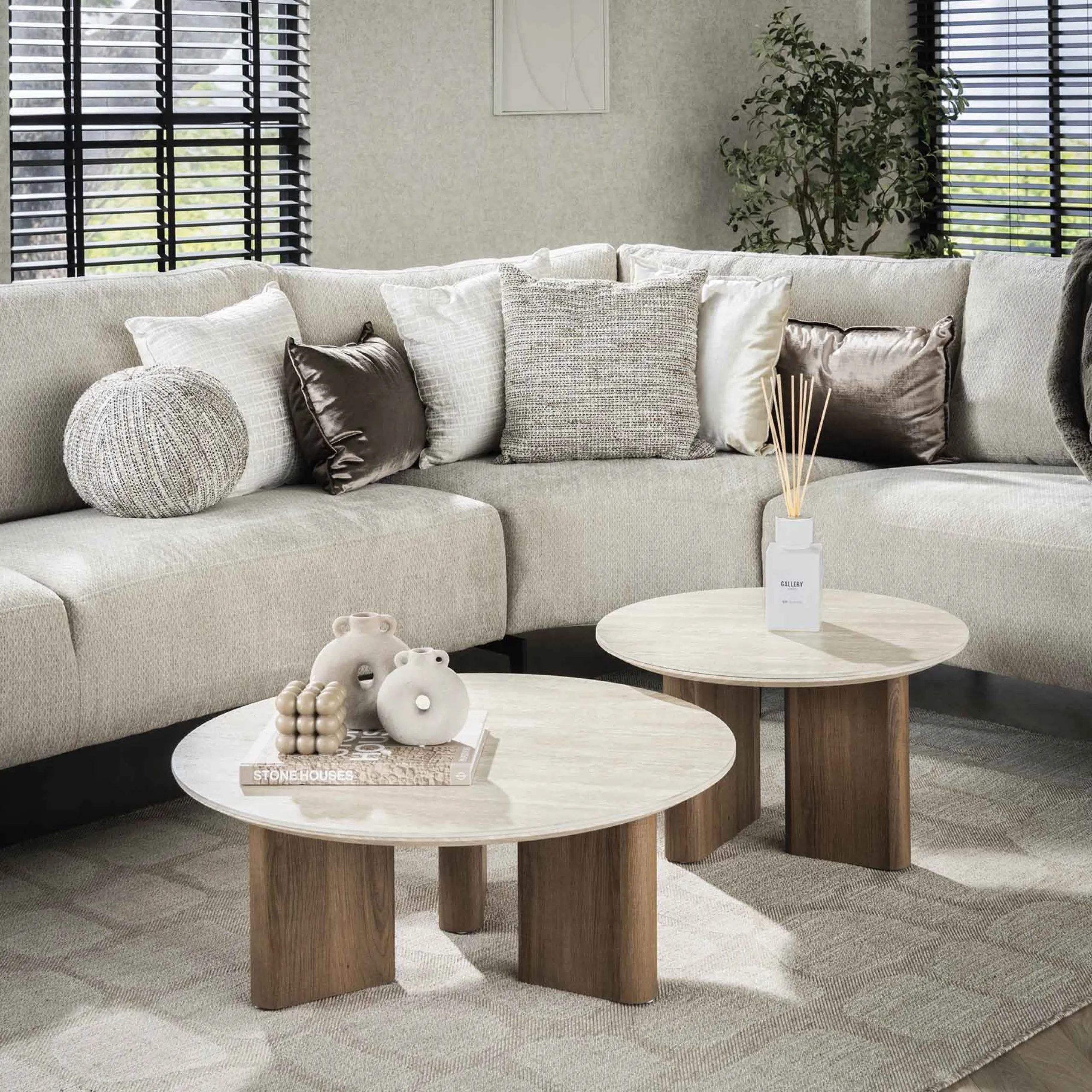 Retro Couchtisch 2er Set Romano Travertin Keramik Rund-Vintagehaus Discount