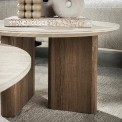 Retro Couchtisch 2er Set Romano Travertin Keramik Rund-Vintagehaus Discount