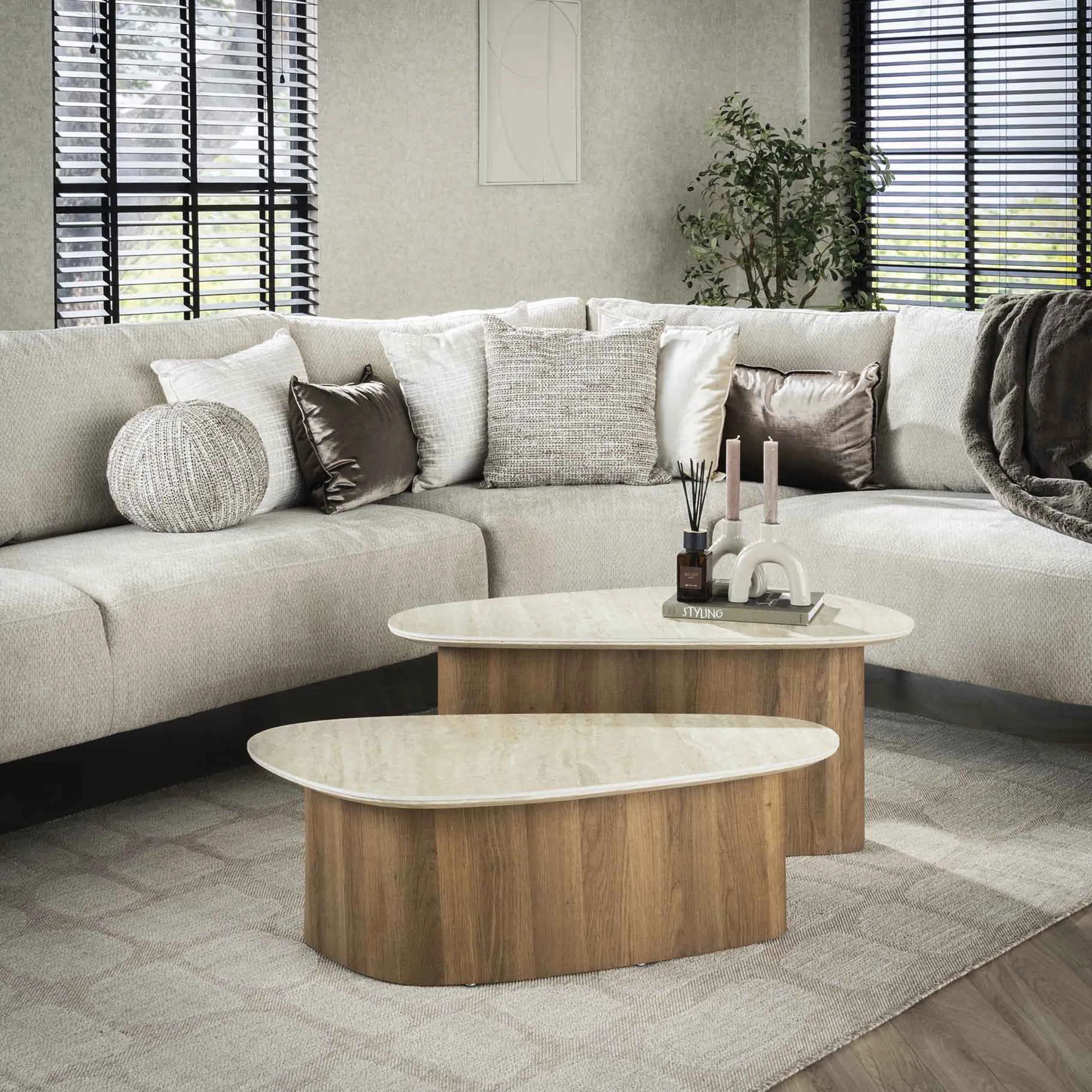 Retro Couchtisch Nierentische 2er Set Romano Travertin Keramik-Vintagehaus Online