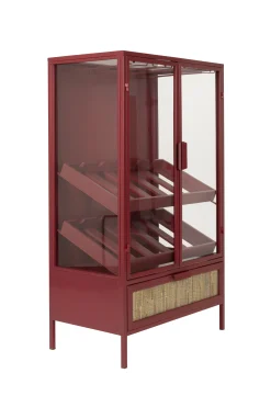 Retro Weinregal Barschrank Vitrine Mori Rot Rattangeflecht-DutchBone Clearance