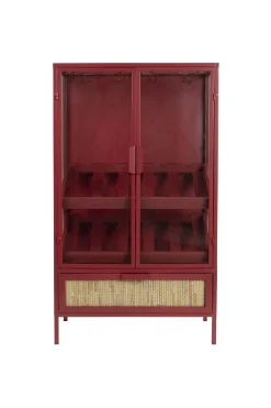 Retro Weinregal Barschrank Vitrine Mori Rot Rattangeflecht-DutchBone Clearance