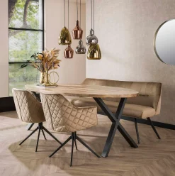 Set Esstischbank Polsterbank Pull Raute + 2 Armlehnstühle Samt Champagner-Vintagehaus Online