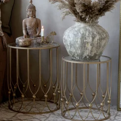 Vintage Beistelltisch Couchtisch Camille Gold Metall Glasplatte Klein-Chic Antique