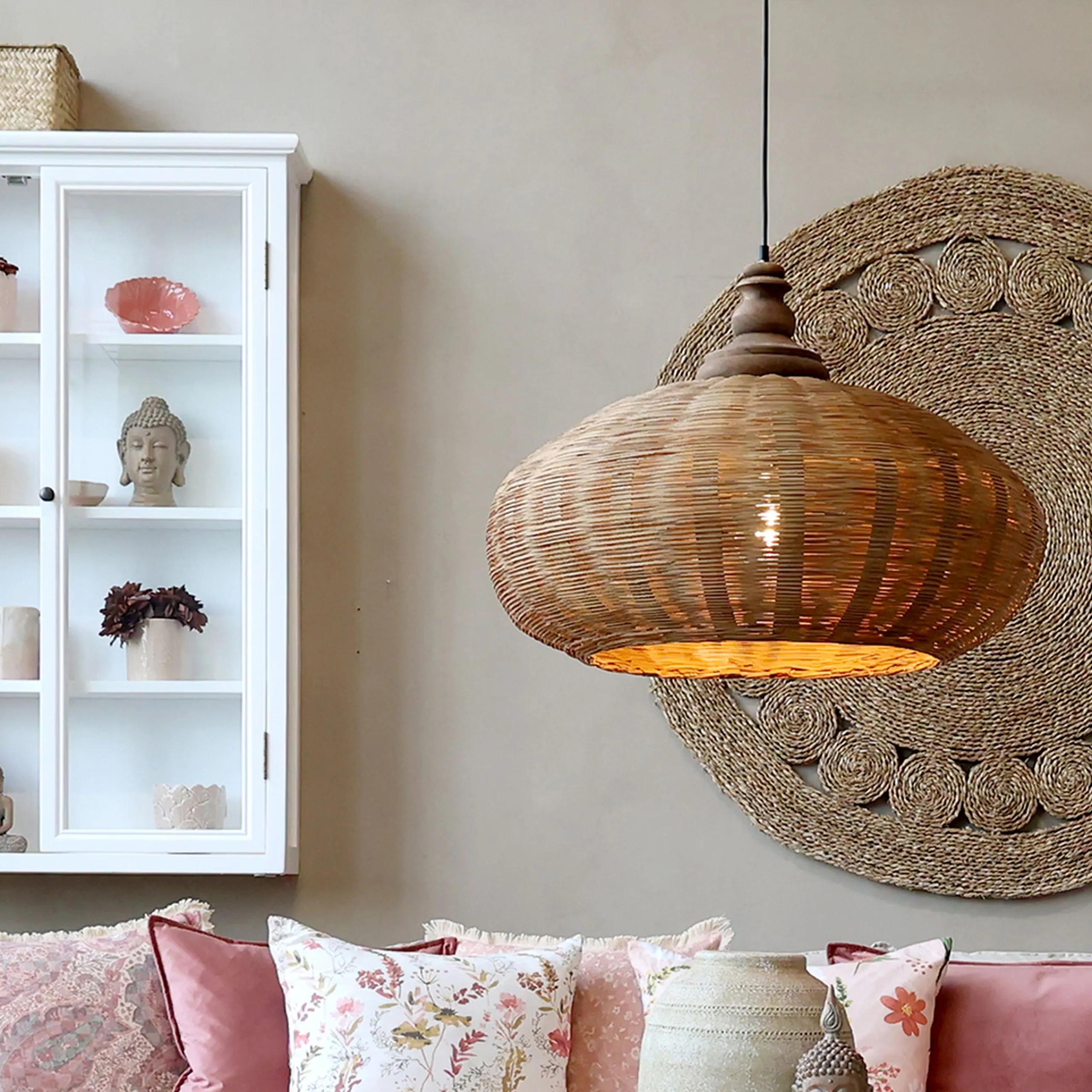 Vintage Hängelampe Chateau Rattangeflecht Mangoholz-Chic Antique Outlet