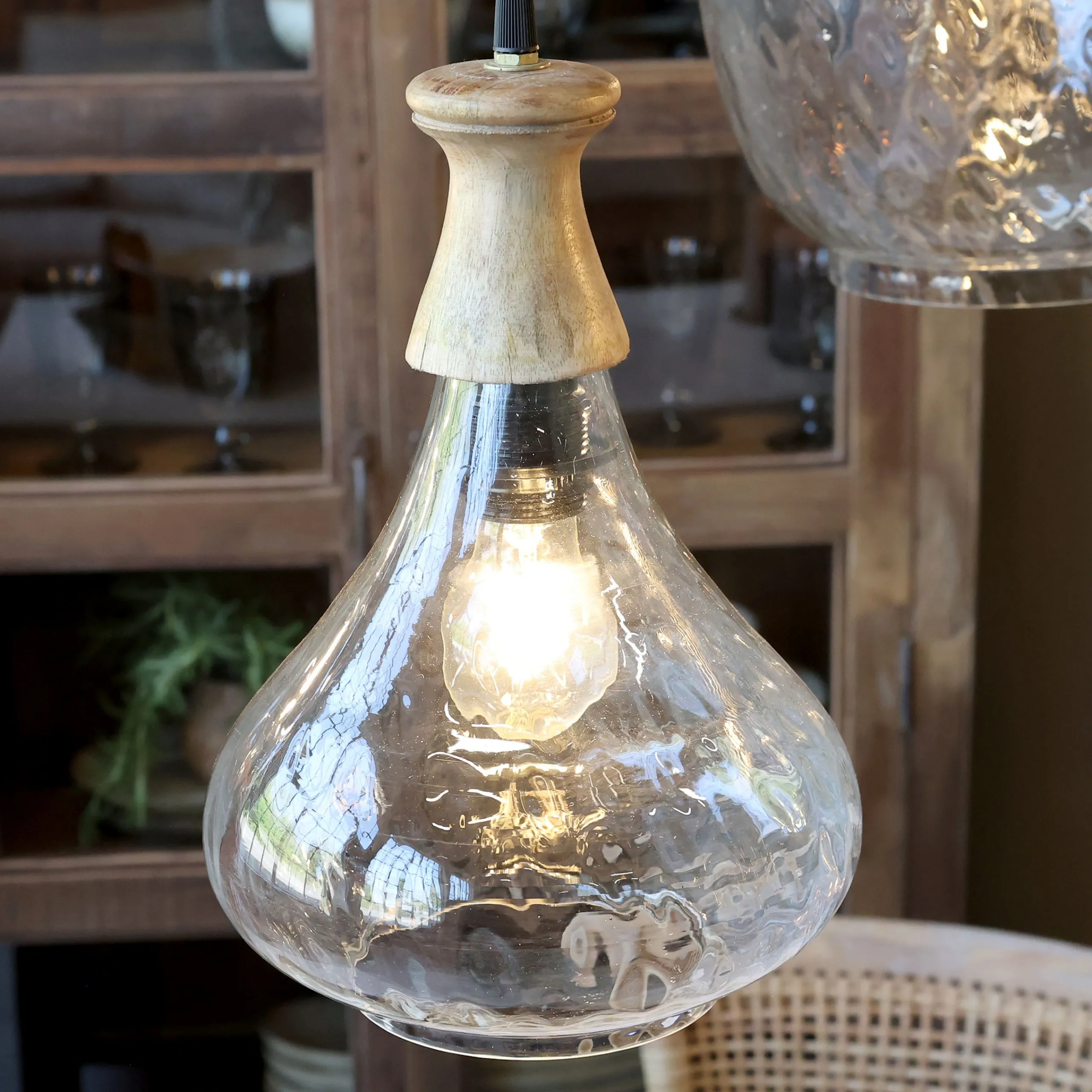 Vintage Hängelampe Maison De Campagne Glas Mangoholz Tropfen-Chic Antique Hot