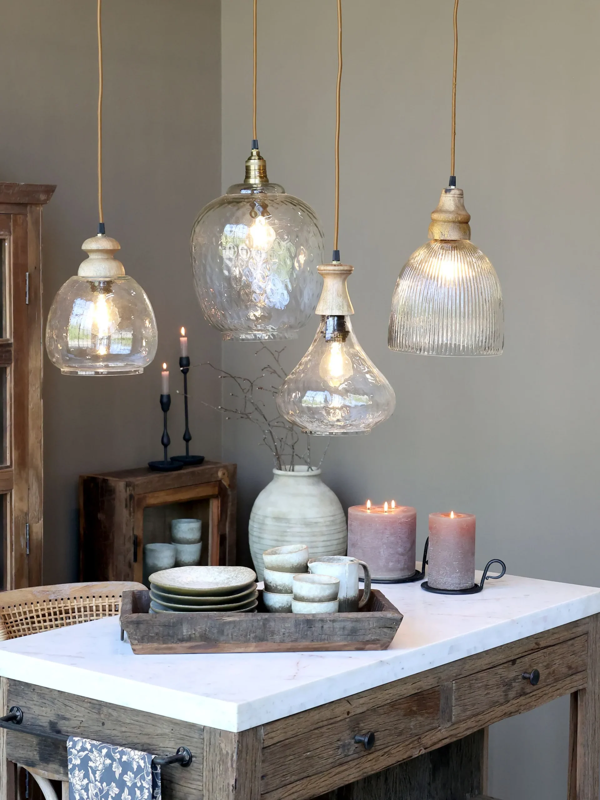 Vintage Hängelampe Maison De Campagne Glas Mangoholz Rund-Chic Antique Hot