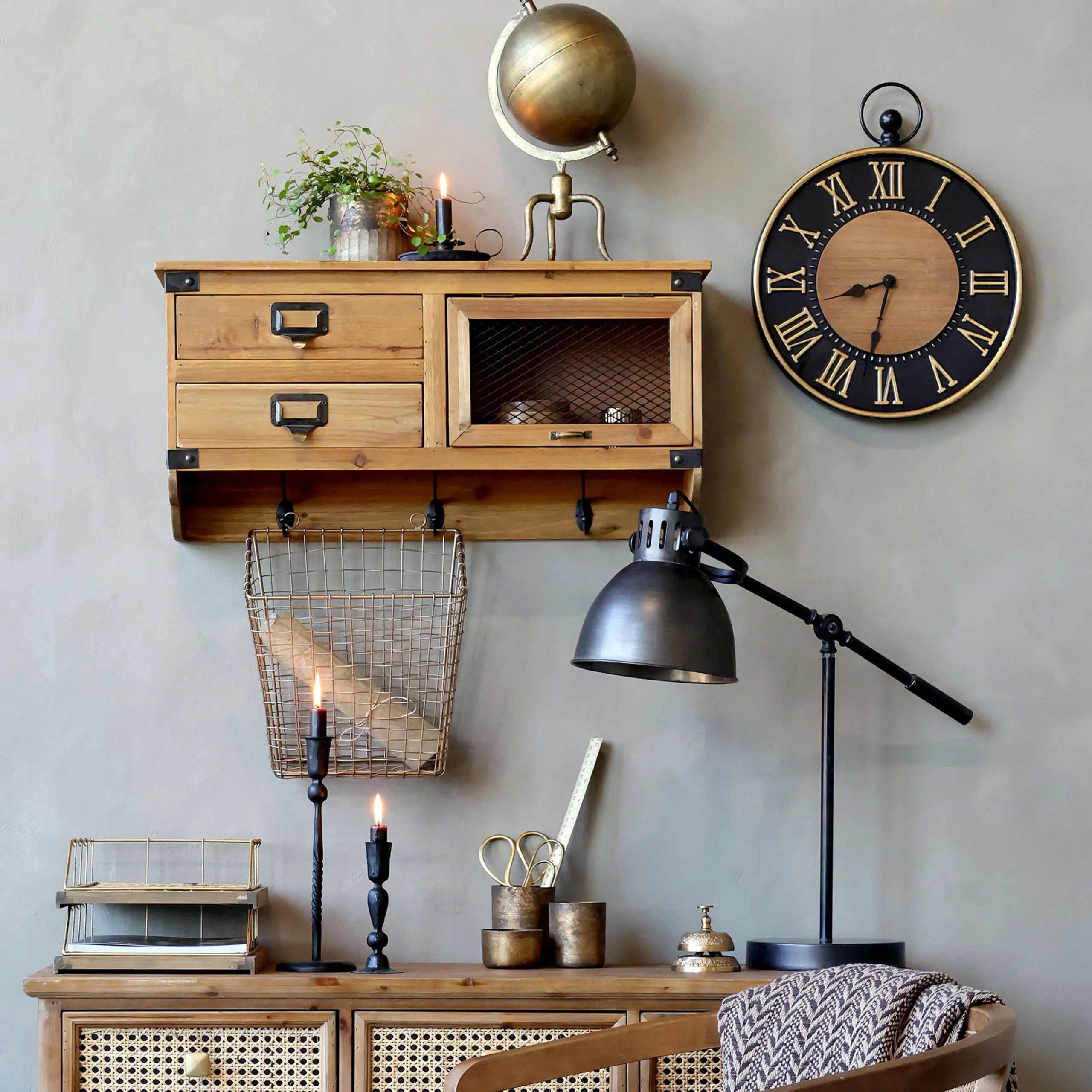 Vintage Wandregal Etienne 2 Schubladen, Fach und 3 Haken-Chic Antique Clearance